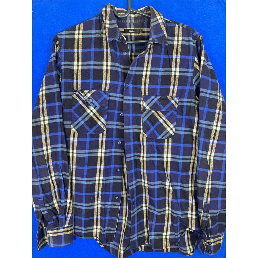 Bassike Men's Size Small Blue Plaid Flannel Shirt Long Sleeve Button Down